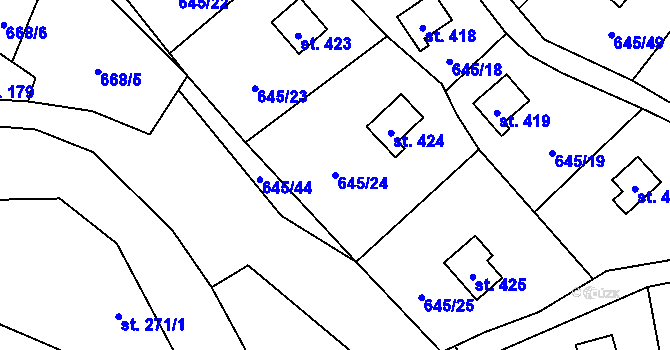 Parcela st. 645/24 v KÚ Chocerady, Katastrální mapa