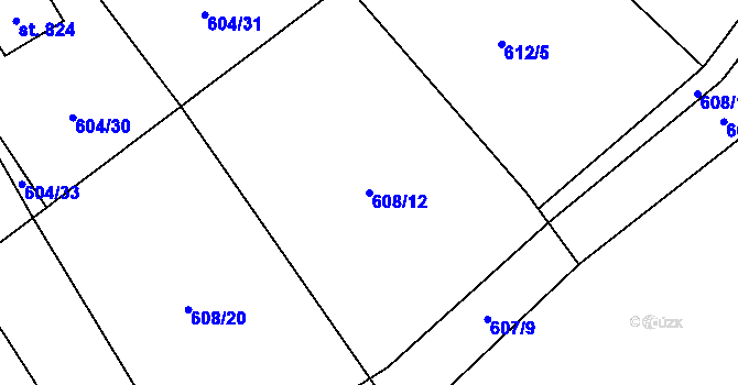 Parcela st. 608/12 v KÚ Chocerady, Katastrální mapa