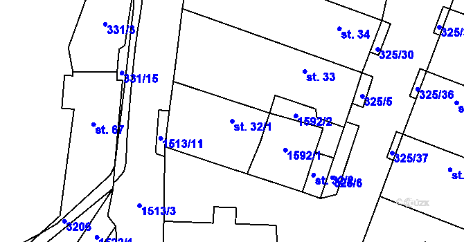 Parcela st. 32/1 v KÚ Chodouny, Katastrální mapa