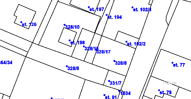 Parcela st. 328/17 v KÚ Chodouny, Katastrální mapa