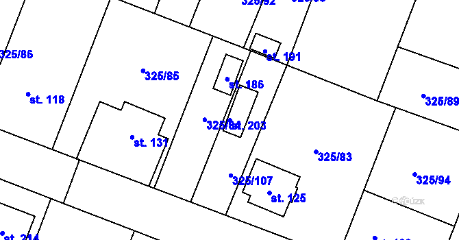 Parcela st. 203 v KÚ Chodouny, Katastrální mapa