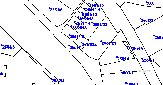 Parcela st. 2551/22 v KÚ Dolní Chodov, Katastrální mapa