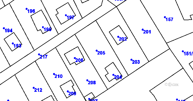 Parcela st. 205 v KÚ Točná, Katastrální mapa