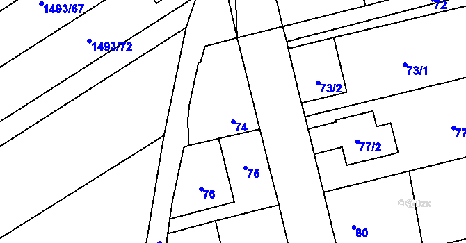 Parcela st. 74 v KÚ Chomoutov, Katastrální mapa