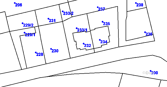 Parcela st. 232 v KÚ Chomoutov, Katastrální mapa
