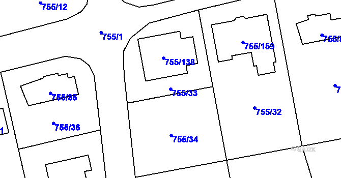 Parcela st. 755/33 v KÚ Chomoutov, Katastrální mapa
