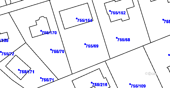 Parcela st. 755/69 v KÚ Chomoutov, Katastrální mapa
