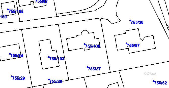 Parcela st. 755/100 v KÚ Chomoutov, Katastrální mapa