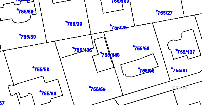 Parcela st. 755/148 v KÚ Chomoutov, Katastrální mapa