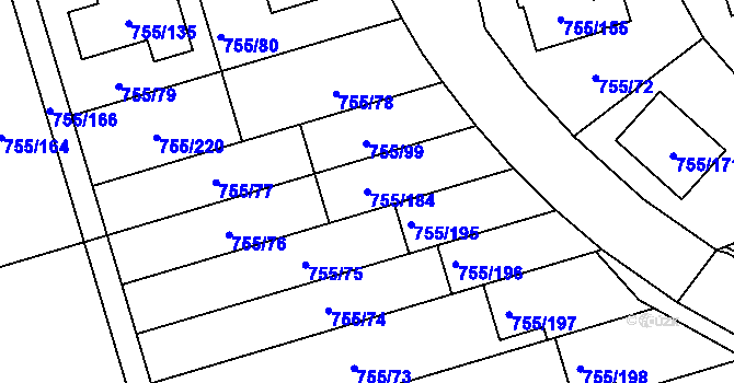 Parcela st. 755/184 v KÚ Chomoutov, Katastrální mapa