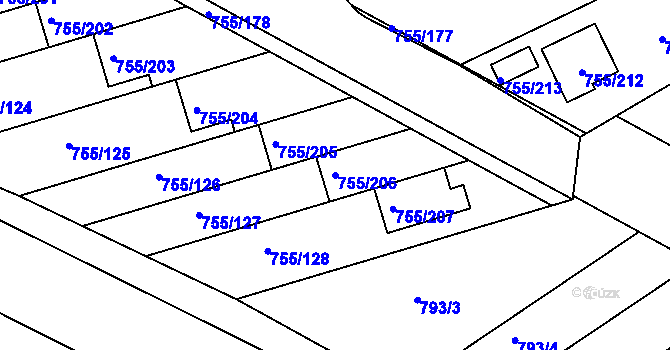 Parcela st. 755/206 v KÚ Chomoutov, Katastrální mapa