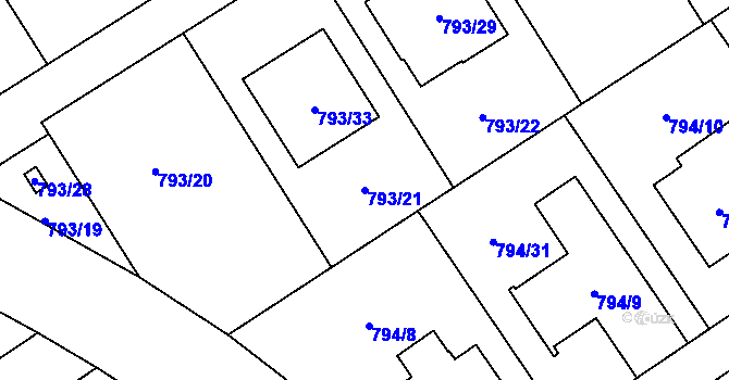 Parcela st. 793/21 v KÚ Chomoutov, Katastrální mapa