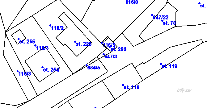 Parcela st. 647/3 v KÚ Chomutice, Katastrální mapa
