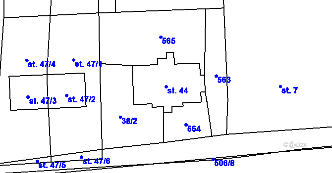 Parcela st. 44 v KÚ Obora u Chomutic, Katastrální mapa