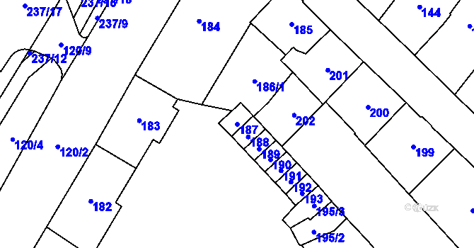 Parcela st. 187 v KÚ Chomutov I, Katastrální mapa