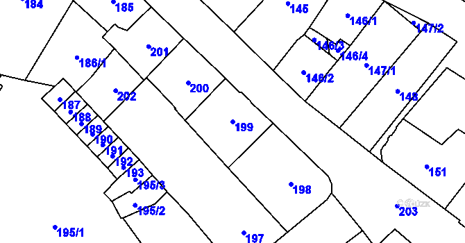 Parcela st. 199 v KÚ Chomutov I, Katastrální mapa