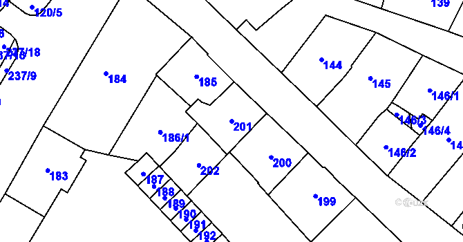 Parcela st. 201 v KÚ Chomutov I, Katastrální mapa