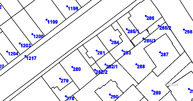 Parcela st. 281 v KÚ Chomutov I, Katastrální mapa