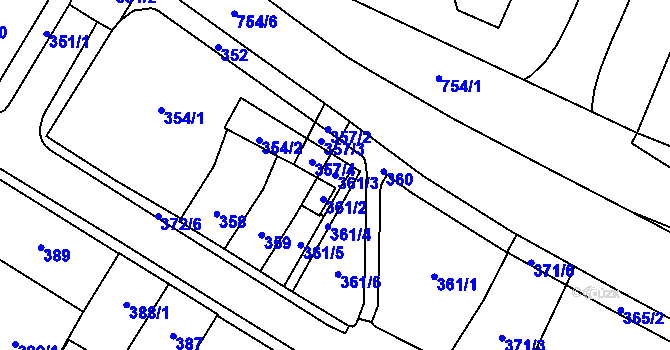 Parcela st. 361/3 v KÚ Chomutov I, Katastrální mapa