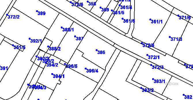Parcela st. 386 v KÚ Chomutov I, Katastrální mapa