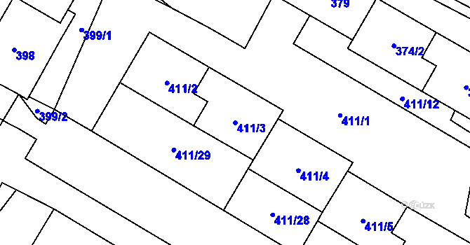 Parcela st. 411/3 v KÚ Chomutov I, Katastrální mapa