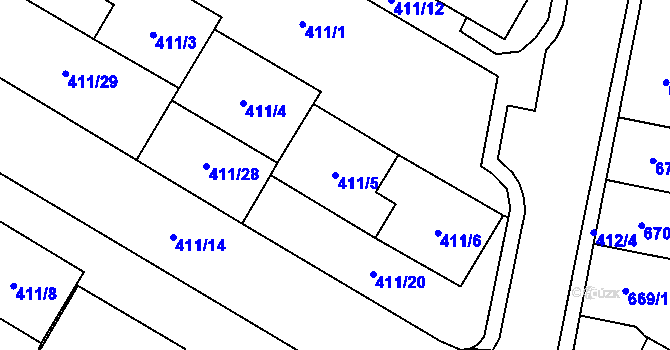 Parcela st. 411/5 v KÚ Chomutov I, Katastrální mapa