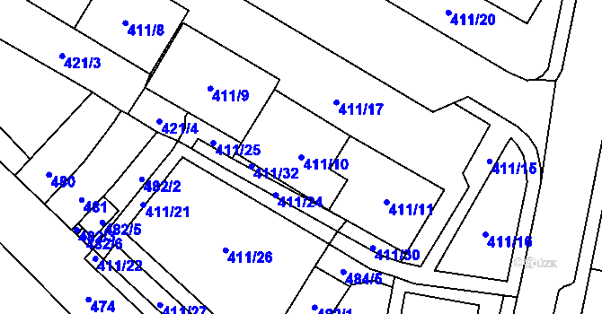 Parcela st. 411/10 v KÚ Chomutov I, Katastrální mapa