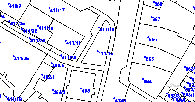 Parcela st. 411/16 v KÚ Chomutov I, Katastrální mapa