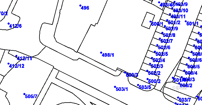 Parcela st. 498/1 v KÚ Chomutov I, Katastrální mapa