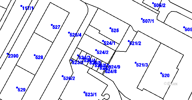 Parcela st. 524/2 v KÚ Chomutov I, Katastrální mapa