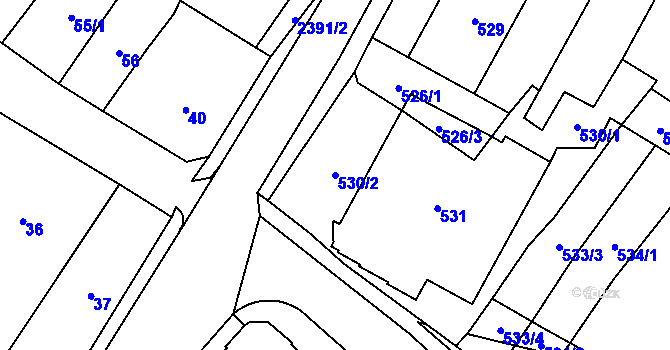 Parcela st. 530/2 v KÚ Chomutov I, Katastrální mapa