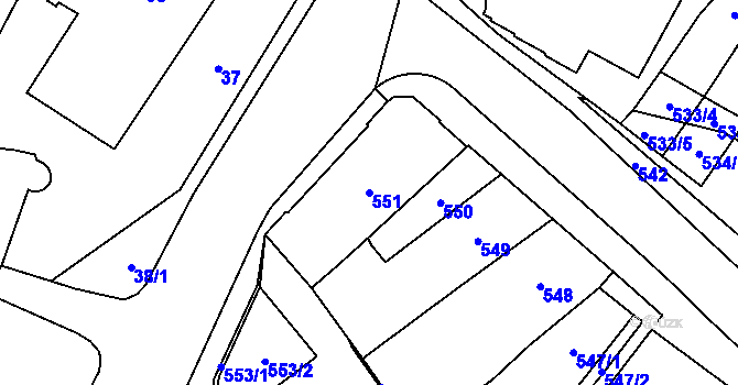 Parcela st. 551 v KÚ Chomutov I, Katastrální mapa