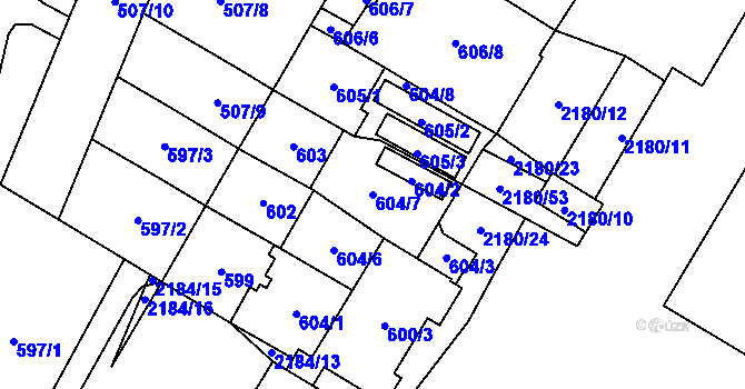 Parcela st. 604/7 v KÚ Chomutov I, Katastrální mapa