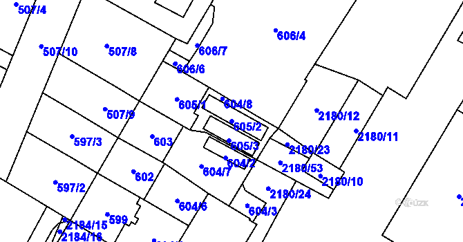 Parcela st. 605/2 v KÚ Chomutov I, Katastrální mapa
