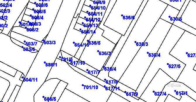 Parcela st. 636/3 v KÚ Chomutov I, Katastrální mapa
