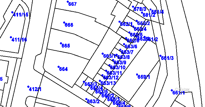 Parcela st. 663/1 v KÚ Chomutov I, Katastrální mapa