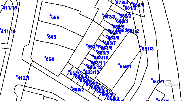Parcela st. 663/9 v KÚ Chomutov I, Katastrální mapa