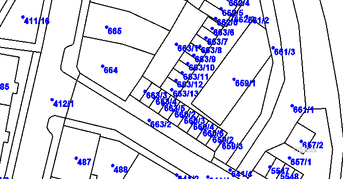 Parcela st. 663/13 v KÚ Chomutov I, Katastrální mapa