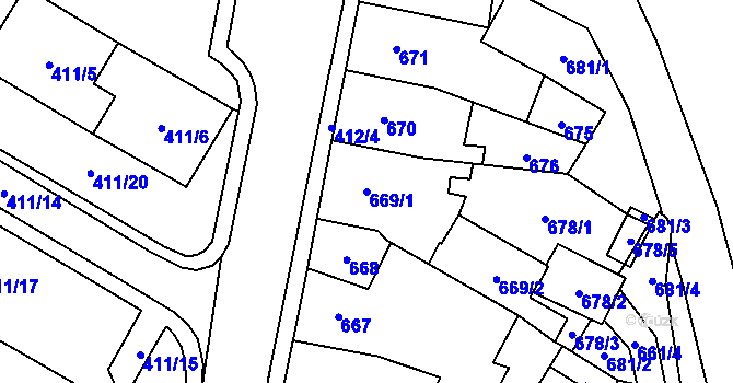 Parcela st. 669/1 v KÚ Chomutov I, Katastrální mapa