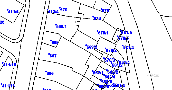 Parcela st. 669/2 v KÚ Chomutov I, Katastrální mapa