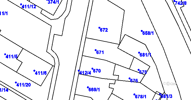 Parcela st. 671 v KÚ Chomutov I, Katastrální mapa