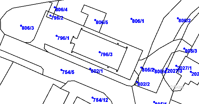 Parcela st. 796/3 v KÚ Chomutov I, Katastrální mapa