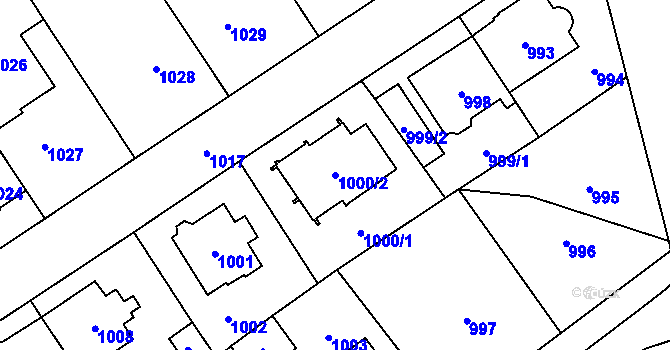 Parcela st. 1000/2 v KÚ Chomutov I, Katastrální mapa