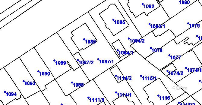 Parcela st. 1087 v KÚ Chomutov I, Katastrální mapa