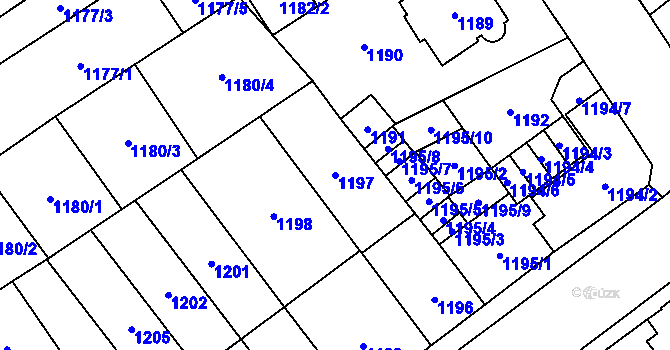 Parcela st. 1197 v KÚ Chomutov I, Katastrální mapa