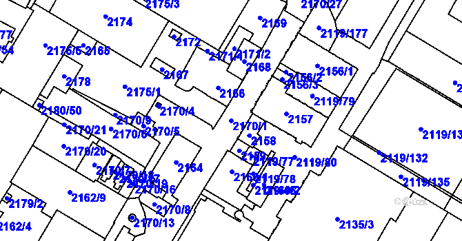 Parcela st. 2170/1 v KÚ Chomutov I, Katastrální mapa