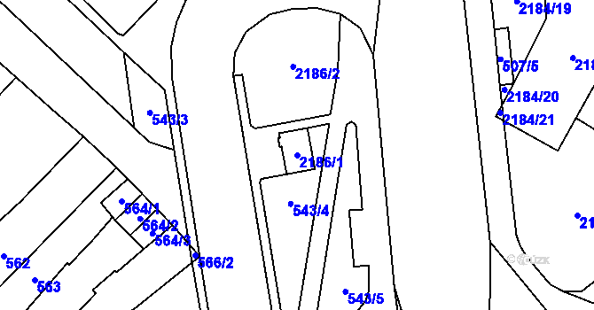 Parcela st. 2186/1 v KÚ Chomutov I, Katastrální mapa