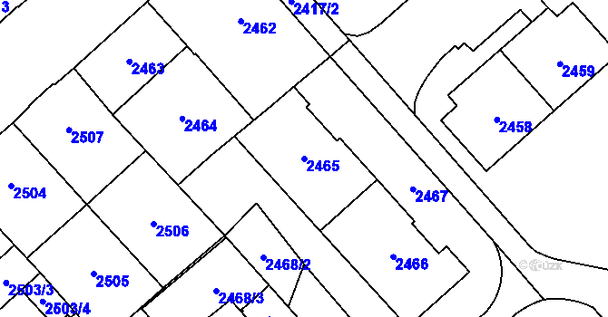 Parcela st. 2465 v KÚ Chomutov I, Katastrální mapa