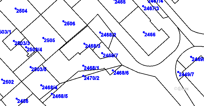 Parcela st. 2468/7 v KÚ Chomutov I, Katastrální mapa