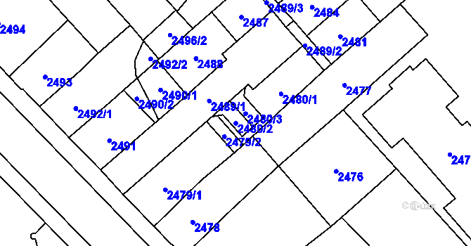 Parcela st. 2480/2 v KÚ Chomutov I, Katastrální mapa